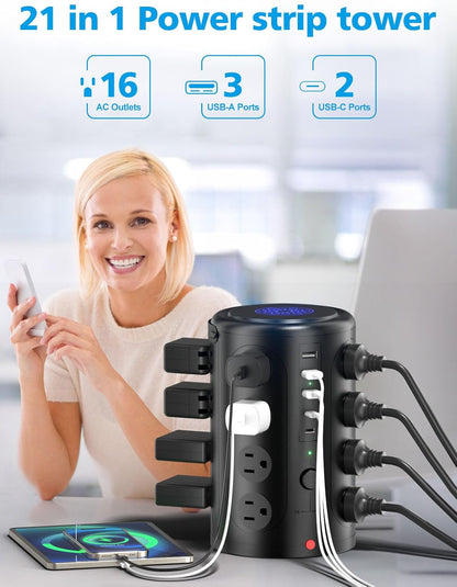 Tower Power Strip Surge Protector with 16 Outlets and 5 USB Ports (2 USB-C), 6FT Extension Cord with Multiple Outlets,Heavy Duty Charging Station,Home Office Dorm Room Essentials. No Wireless Charging