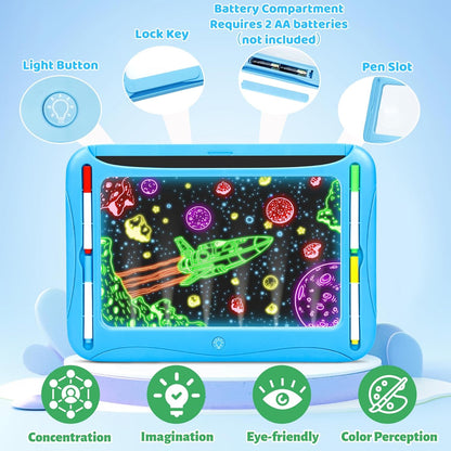 LED Drawing Board, Magic Kids Toys for Boys 4-6, Christmas Birthday Gifts, Light Up Tracing Pad, 9 Double-Sided Cards, 6 Markers, Glow in The Dark Doodle Writing Tablet, Learning Toy Arts Crafts Kits