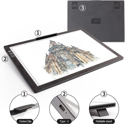 A4 Wireless LED Light Pad with Carry Bag, Innovative Stand and Top Clip, TOHETO Rechargeable Light Box Stepless Dimmable and 6 Levels Brightness Cordless Light Board for Tracing Weeding Vinyl (Black)