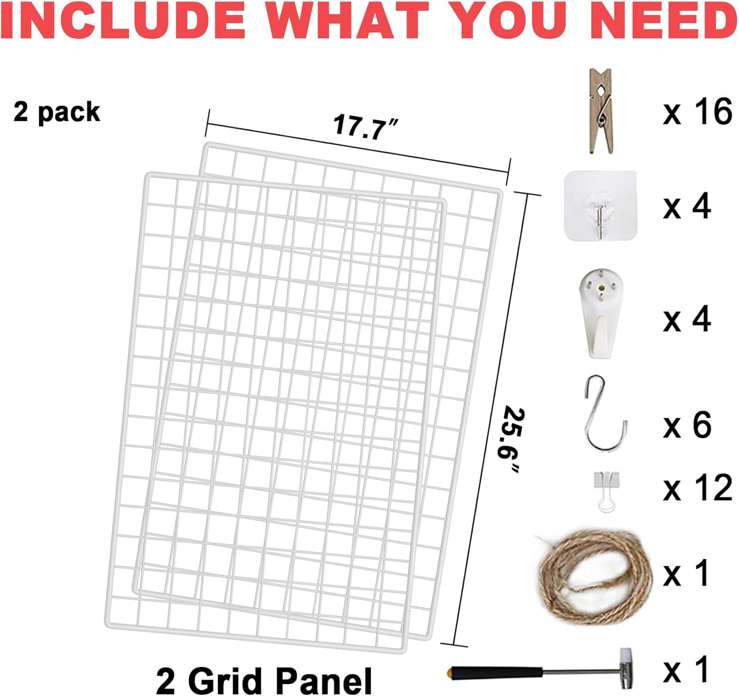 C&AHOME Photo Wall Display Set of 2, Grid Panel with Hooks, Clips, Hemp Cord, Hammer - 15.7" x 11.8", White UWWGM3402W