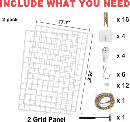 C&AHOME Photo Wall Display Set of 2, Grid Panel with Hooks, Clips, Hemp Cord, Hammer - 15.7" x 11.8", White UWWGM3402W