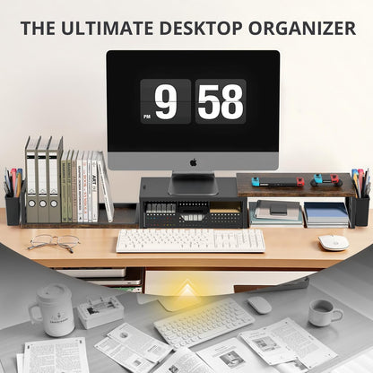 OPNICE Desk Organizers and Accessories, Dual Monitor Stand Riser with Drawer and 2 Pen Holders, Desk Shelf Wood Computer Racks for Office Workspace Organizers, Desktop Organization (Rustic Brown)