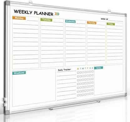 Weekly Calendar Dry Erase Whiteboard for Wall, 24"x18" Magnetic Weekly Planner White Board, Double Sided Hanging Daily Planning Board for Home, Office, School, Kitchen
