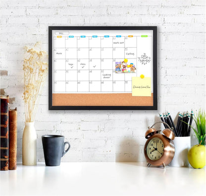 Monthly Whiteboard Calendar with Cork Board for Wall, 17"x13",Magnetic Dry Erase Board with White Wood Framed,2-1 Wall Planner Whiteboard,Bulletin Board with Pins for Home,School,Office