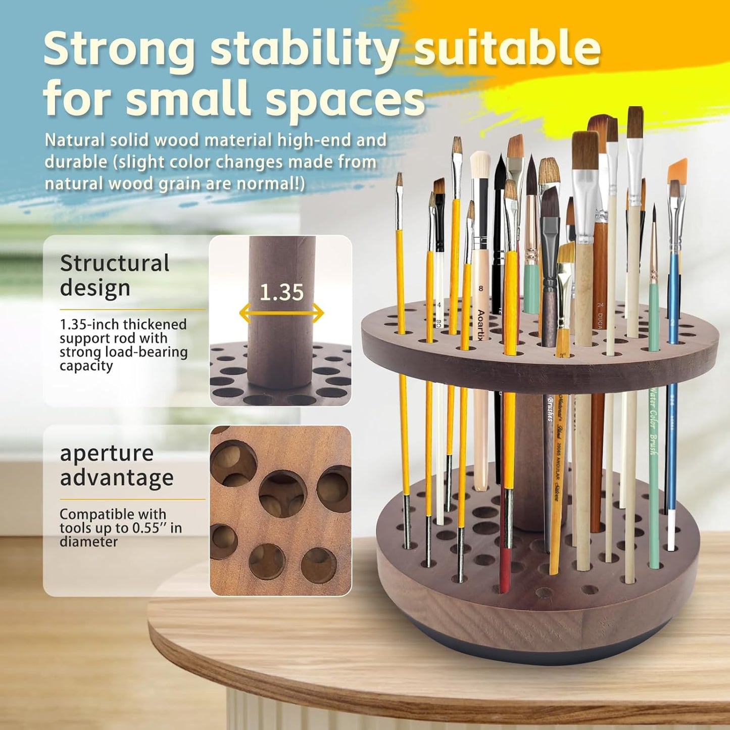 360 Degree Friction-Free Rotating Paint Brush Holder, 52 Multi-Size Hole Natural Hardwood Storage Stand, Space-Saving Desktop Organizer for Artist, Watercolor, Makeup Brushes and Craft Tools (brown)
