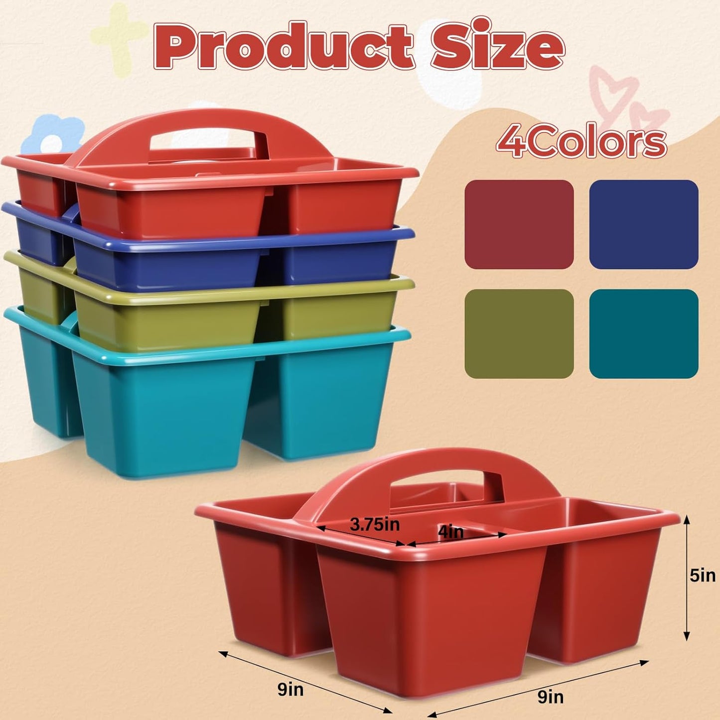 Kathfly 4 Pack Caddy Organizer with Handle, Stackable Organization Storage, Small Plastic Basket Classroom Caddy for Table Desk Office Pencil Kids Room Craft Art Teacher School Supplies (Blue Orange)