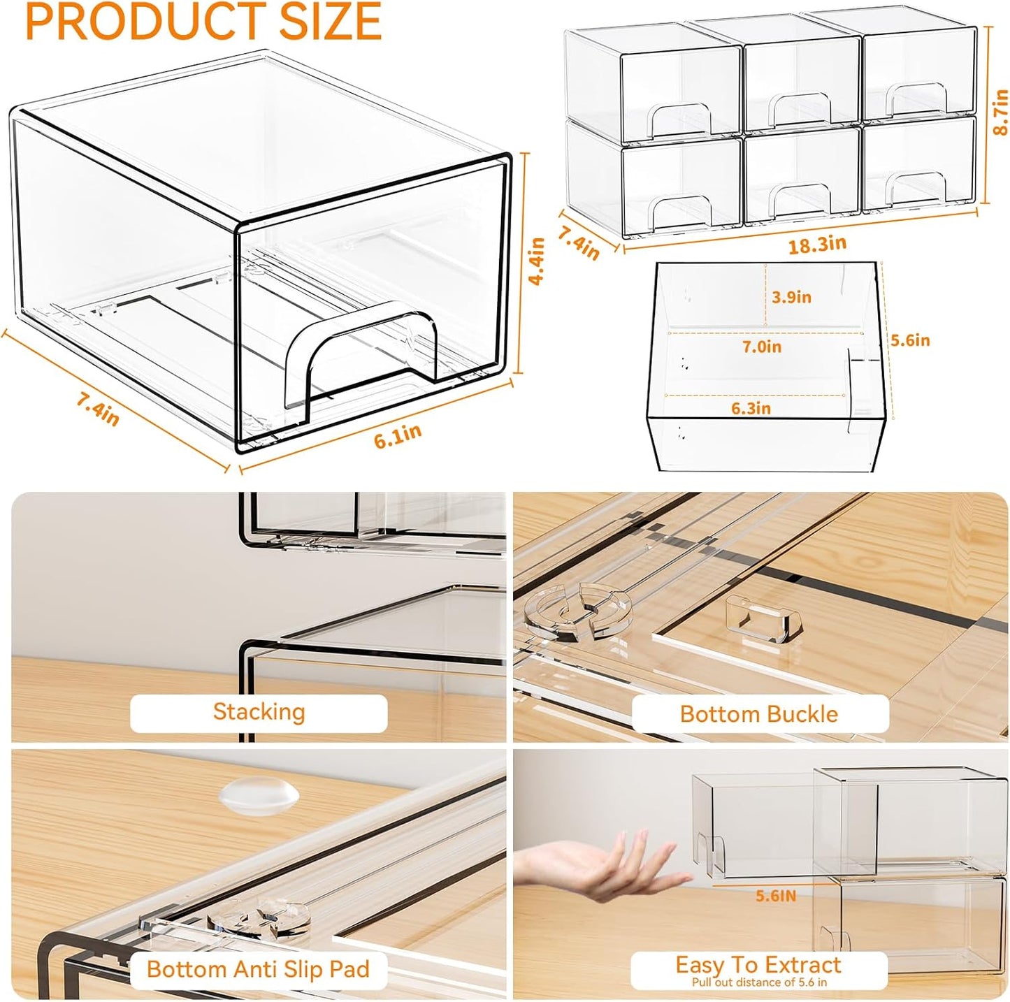 Yieach 8 Pack Small Clear Stackable Storage Drawers,2.2'' Tall Desk Organization and Storage,Plastic Office Supply Organizer,Acrylic Storage Containers for Makeup,Hair Clip,Accessory,Pen,Art Crafts