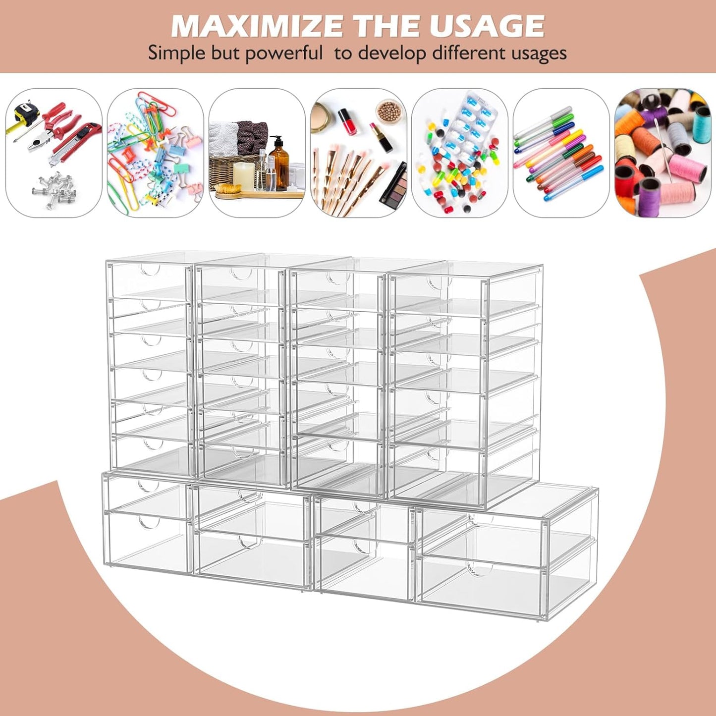 caktraie Makeup Organizer Storage With 16 Drawers, 4 Pcs Desktop Office Supplies, Desk Organizers, Clear Accessories, Dustproof Storage Drawer and for Make Up, Jewelry, Pen, Stationary