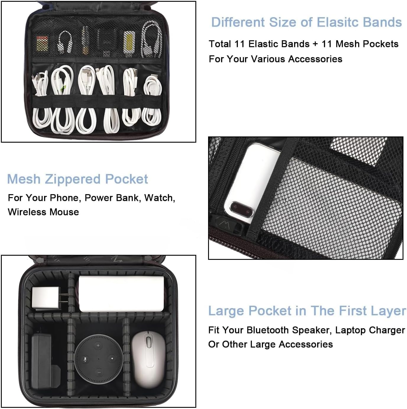 MATEIN Cable Organizer Bag, Waterproof Travel Electronic Storage, Shockproof Portable Double Layer Tech Bags Carrying Case for Cord, Earbuds, Charger, SD Card, DJ Gifts, Black