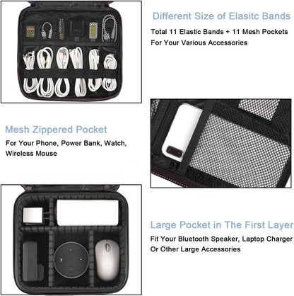 MATEIN Cable Organizer Bag, Waterproof Travel Electronic Storage, Shockproof Portable Double Layer Tech Bags Carrying Case for Cord, Earbuds, Charger, SD Card, DJ Gifts, Black