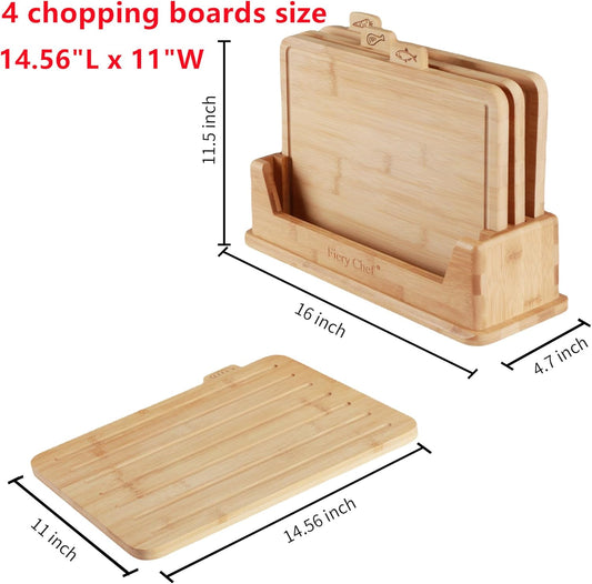 Fiery Chef 14.56"L x 11"W Bamboo Cutting Board Set of 4 - Wood Cutting Board Set with Holder, Chopping Boards Set with Food Icons, Juice Groove - Ideal for Meat, Fish, Bread, Vegetable, Fruit Chopping