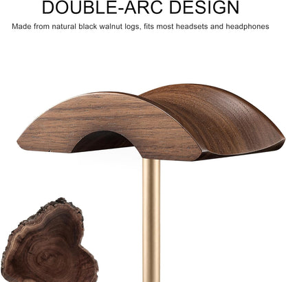 Headphone Stand, Walnut Wood & Aluminum Headset Stand, Nature Walnut Gaming Headset Holder with Solid Heavy Base for All Headphone Sizes (Black)