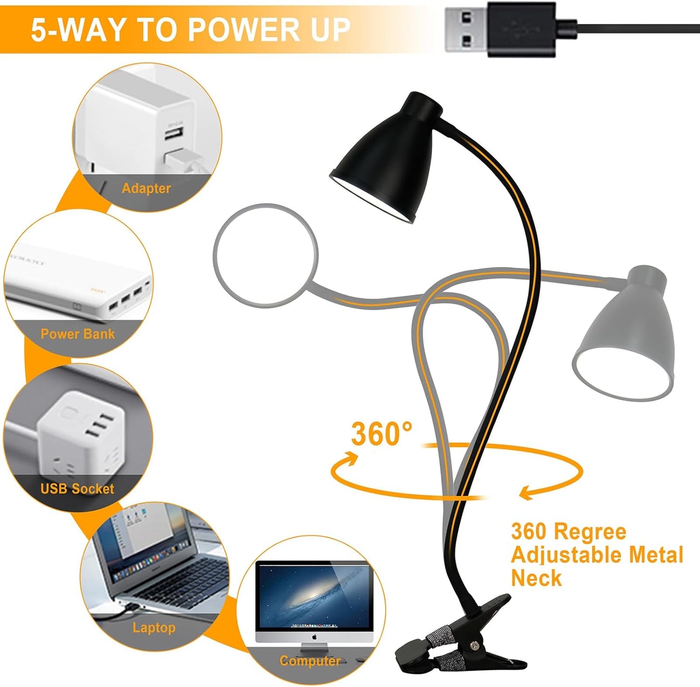 BOHON Clip on Light, 10W 38 LED Desk Lamp with Clamp, 5 Color 10 Brightness Auto Off Timer, Flexible Neck Clip Lamp, Desk Lights for Office Home Bed Bedside Reading, Bright Yellow