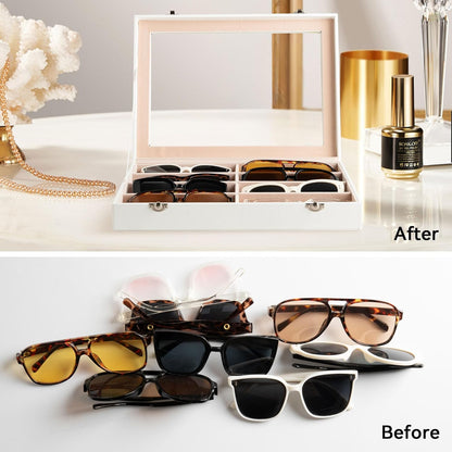 Frebeauty Sunglass Organizer,PU Leather Glasses Organizer,8-Slot Sunglasses Tray,Men's/Women's Sunglasses Box,Sunglass Case,13.3 x 9.6 x 1.5 Inches,Eyeglass/Eyewear Display Tray(Grey)