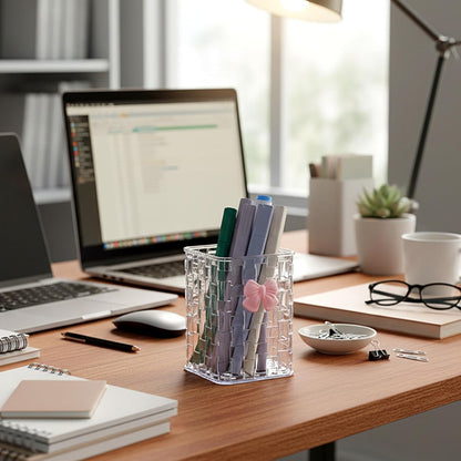 Artistic Acrylic Pen Holder Cute, Clear Makeup Brush Holders with Woven Texture and a Pink Bow, Transparent Stylish Pencil Holder for Desk, Clear Pencil Organizer Pen Caddy for Desk School Accessories