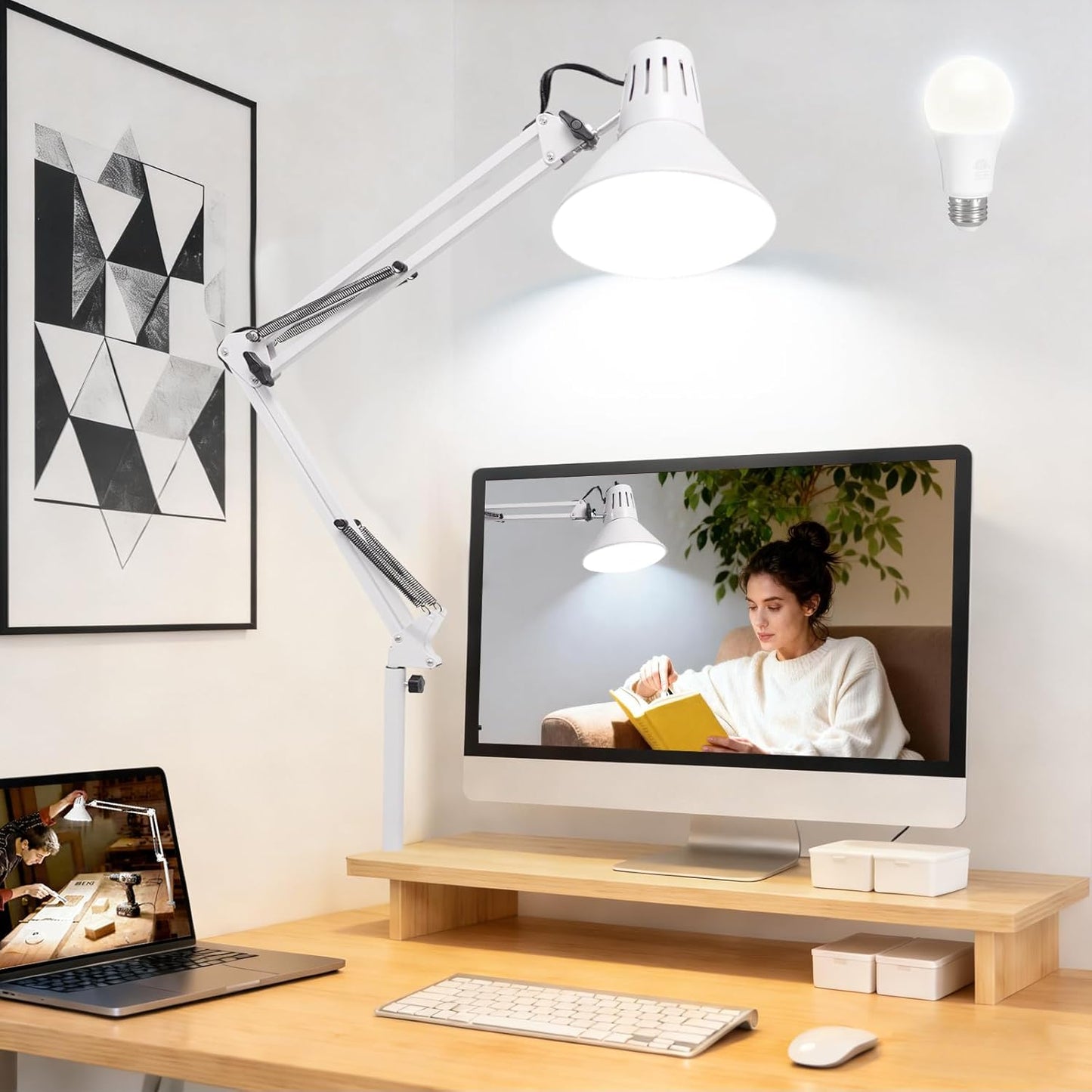 Desk Lamp With Clamp for Home Office, Eye-Caring Clip on Light with Adjustable Extra Tall Metal Swing Arm, High Intensity Clamp Lamp w/LED Bulb, Architect Task Table Lamps for Study, Workbench-B/5000k