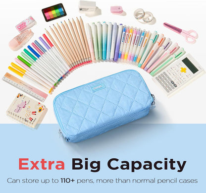 Sooez Large Pencil Case Pouch, Extra Big Pencil Bag with 8 Compartments, Pen Bag Wide Opening, Soft Quilted Pencil Pouch Organizer with Zipper, Portable Pencil Case for Teen Girls, Pink