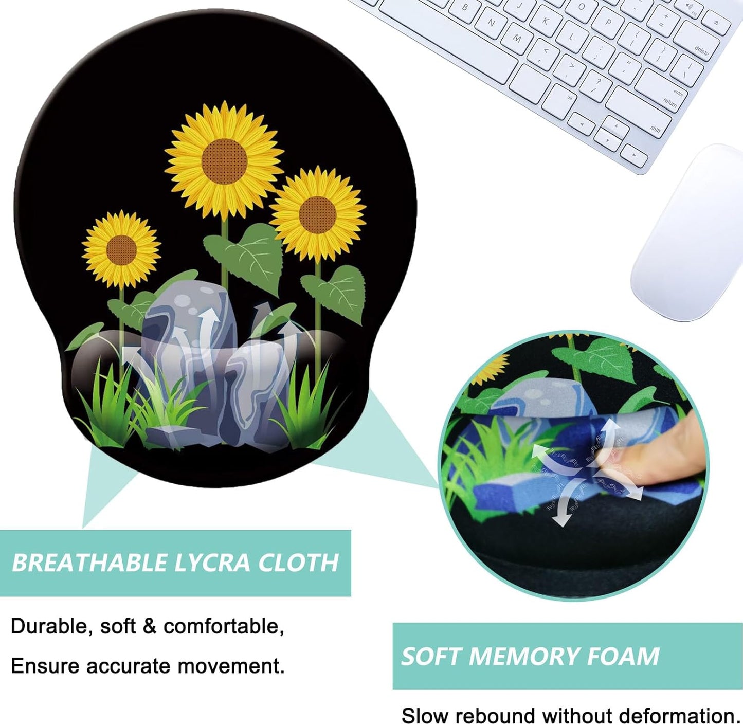 Mouse Pad with Wrist Support, Ergonomic Mouse Pad with Memory Foam Wrist Rest Cushion, Non-Slip Rubber Base Gaming Mice Pad for Home Office Computer Laptop, Flowers Grass