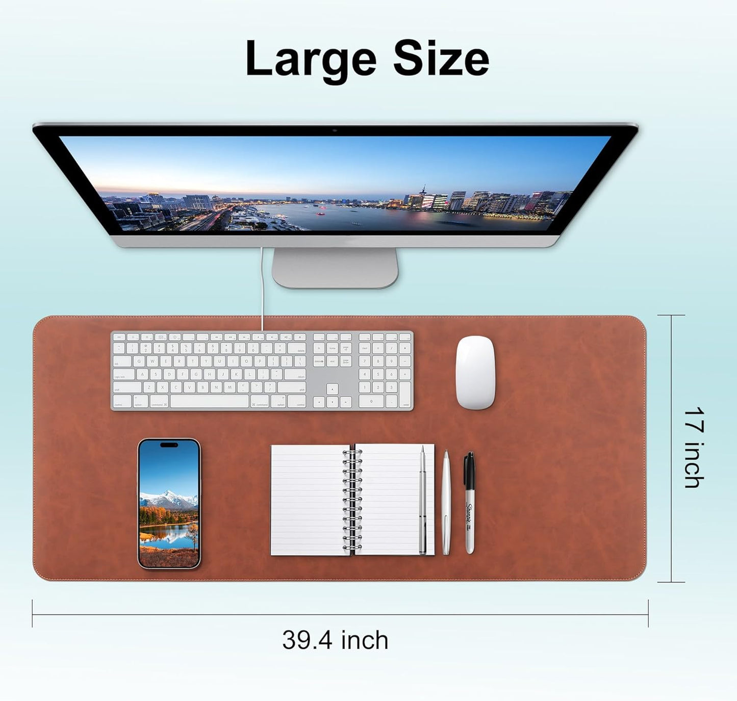 Leather Desk Pad Protector, Office Desk Mat, Large Laptop Mouse Pad, PU Non-Slip Desk Blotter, Waterproof Writing Pad, Computer Keyboard Mat for Desktop 39.4 x 17 inch (Brown)