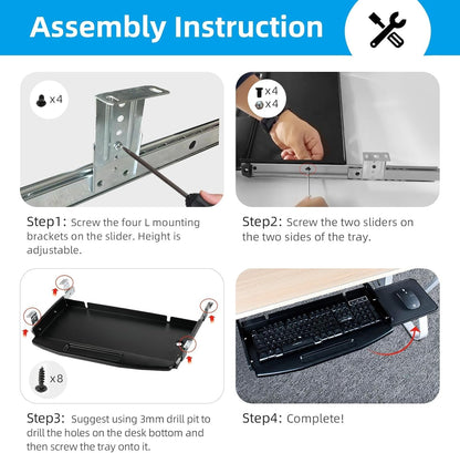 Solid Steel Under Desk Keyboard Tray Slide Out with 360° Rotating Mouse Platform,Keyboard Shelf Sliding,Under Desk Mounted Keyboard Holder,Under Desk Keyboard Drawer 28"Lx11"W