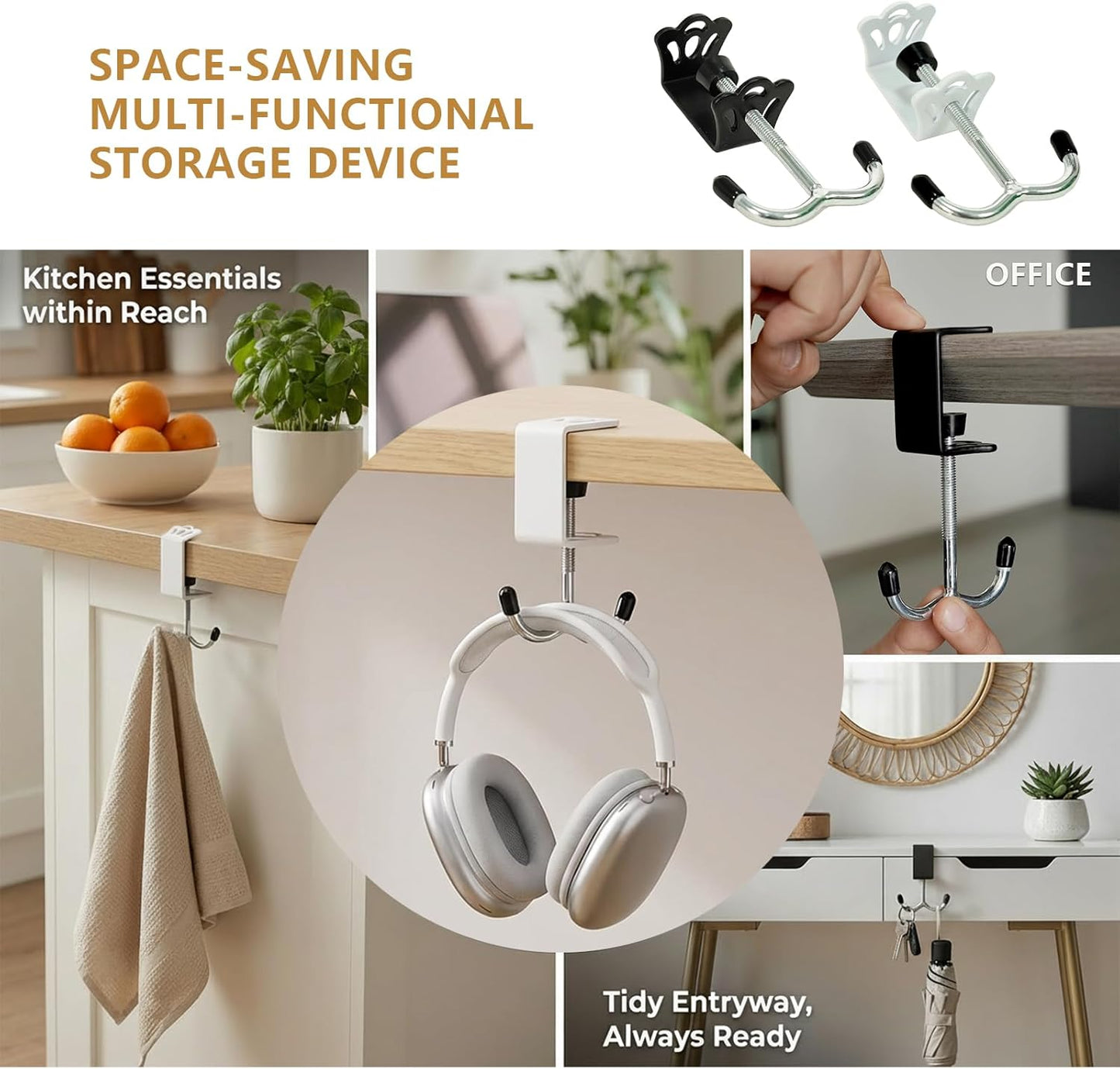 4 Pack Adjustable Under Desk Hooks (2 Black & 2 White), Universal Bag Hanger Fits Most Table Thickness, 100LB Capacity Heavy-Duty Dual Hook for Purse, Backpack, Office Home