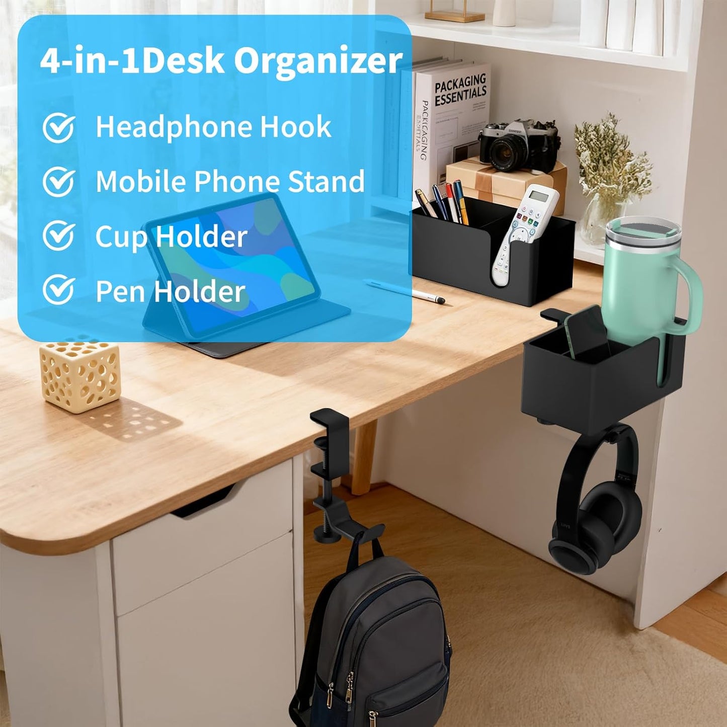 Deeper Desk Cup Holder, OOKUU Anti-Spill Cup Holder for Desk or Table, Sturdy and Durable, Easy to Install, Enough to Hold Coffee Cups, Water Bottles, Gaming PC Office Accessories, Black