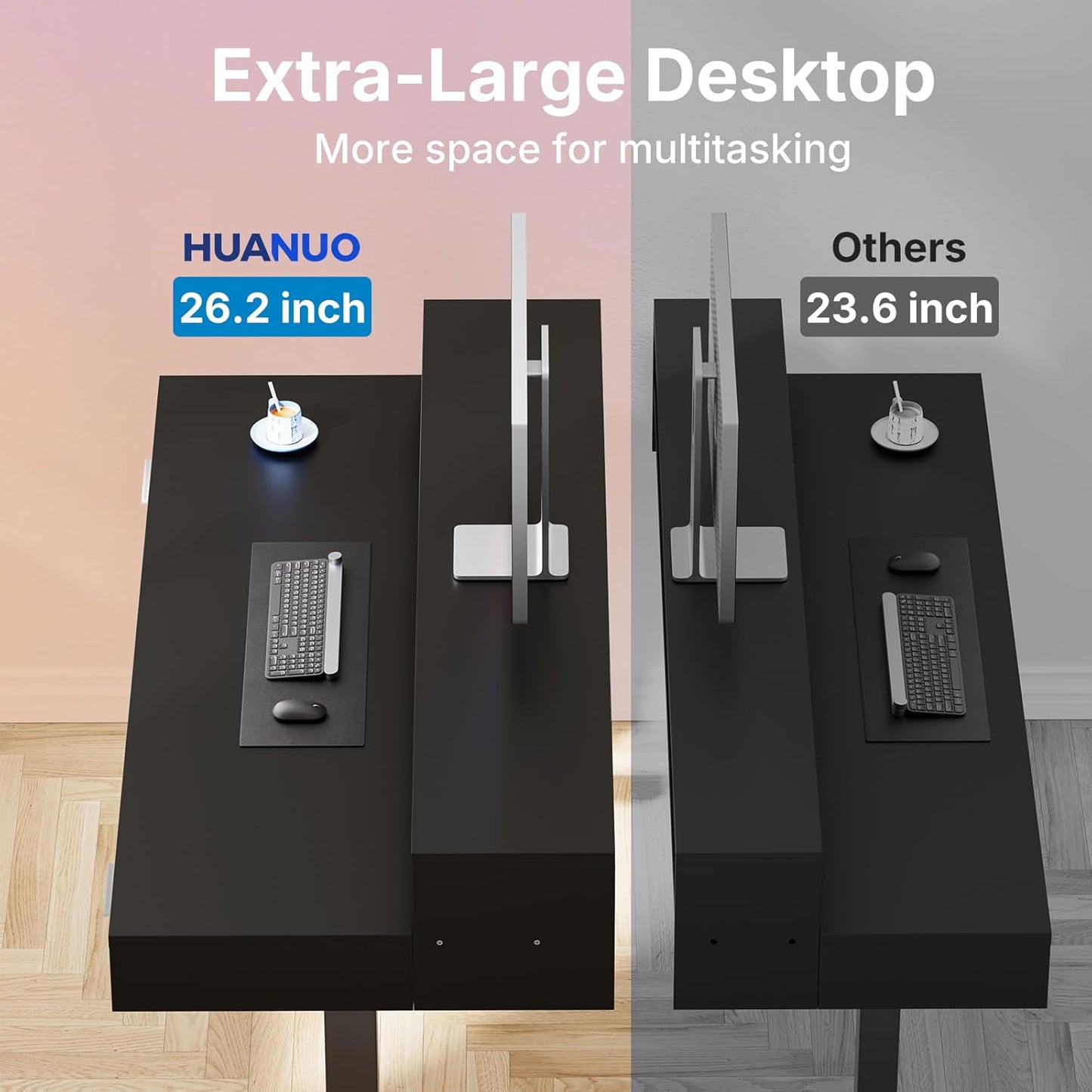 HUANUO 55″ x 26″ Electric Standing Desk with 2 Drawers &24.4″ Large Keyboard Tray, C-Clamp Mount Compatible, Adjustable Computer Desk for Office, Sit Stand Up Desk with 4 Height Presets, Light Walnut