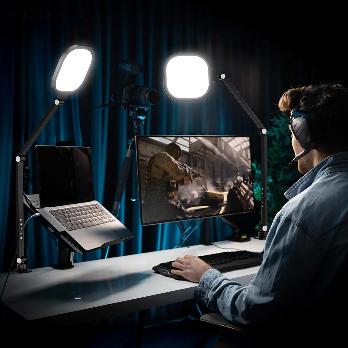 LitONES Video Conference Lighting for Computer, Dimmable Light for Video Recording, Meeting, Laptop & Webcam, 15W Ring Light for Desk with C- Clamp, Swing Arm, Remote, Memory & Timer CRI >95