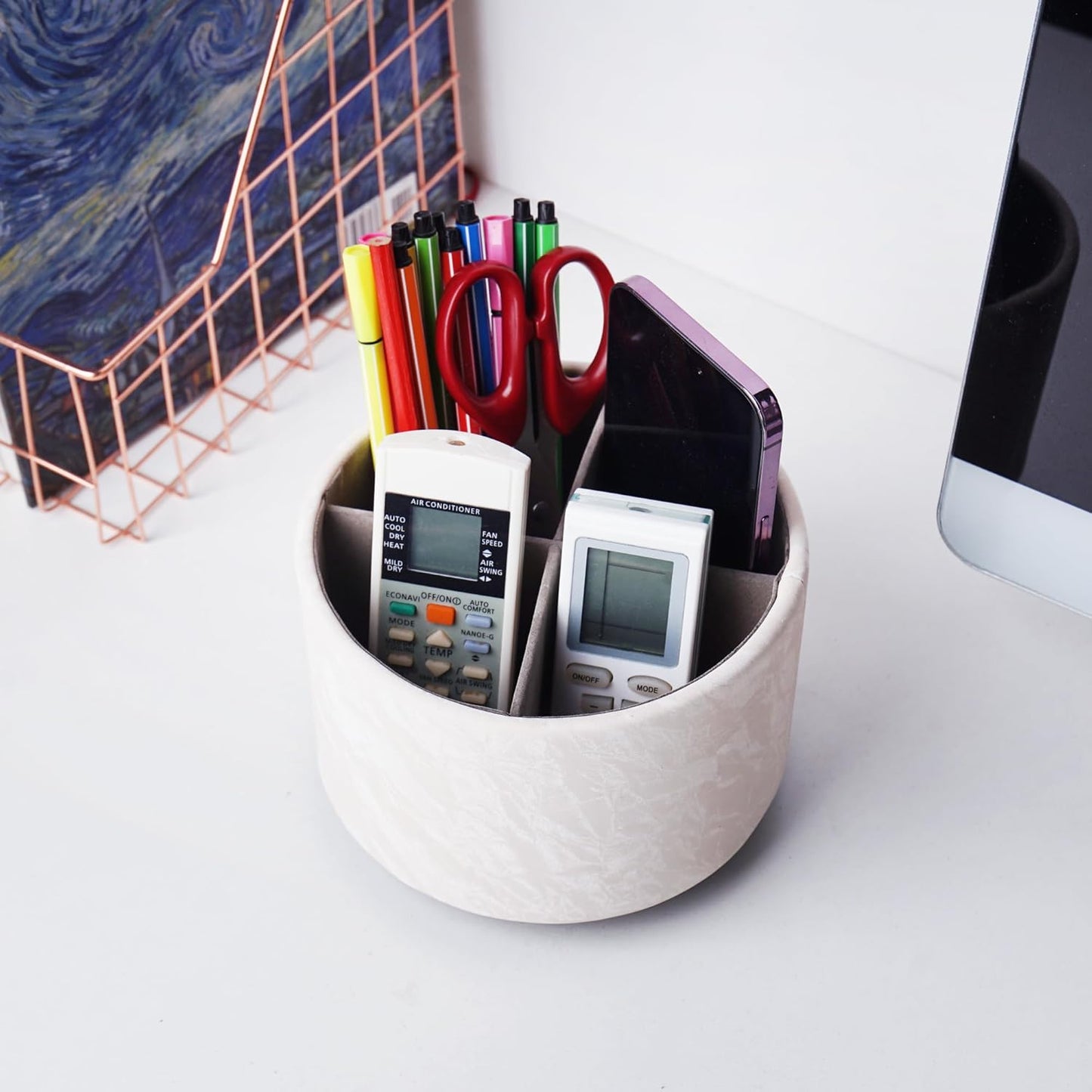 Round Leather Art Supply Organizer,Remote Control Holder,360 Degree Rotating,Multi-Functional Pencil Holder,4 Compartments Desktop Stationary Organizer(1-Fractal Flower) | Round - Colors A