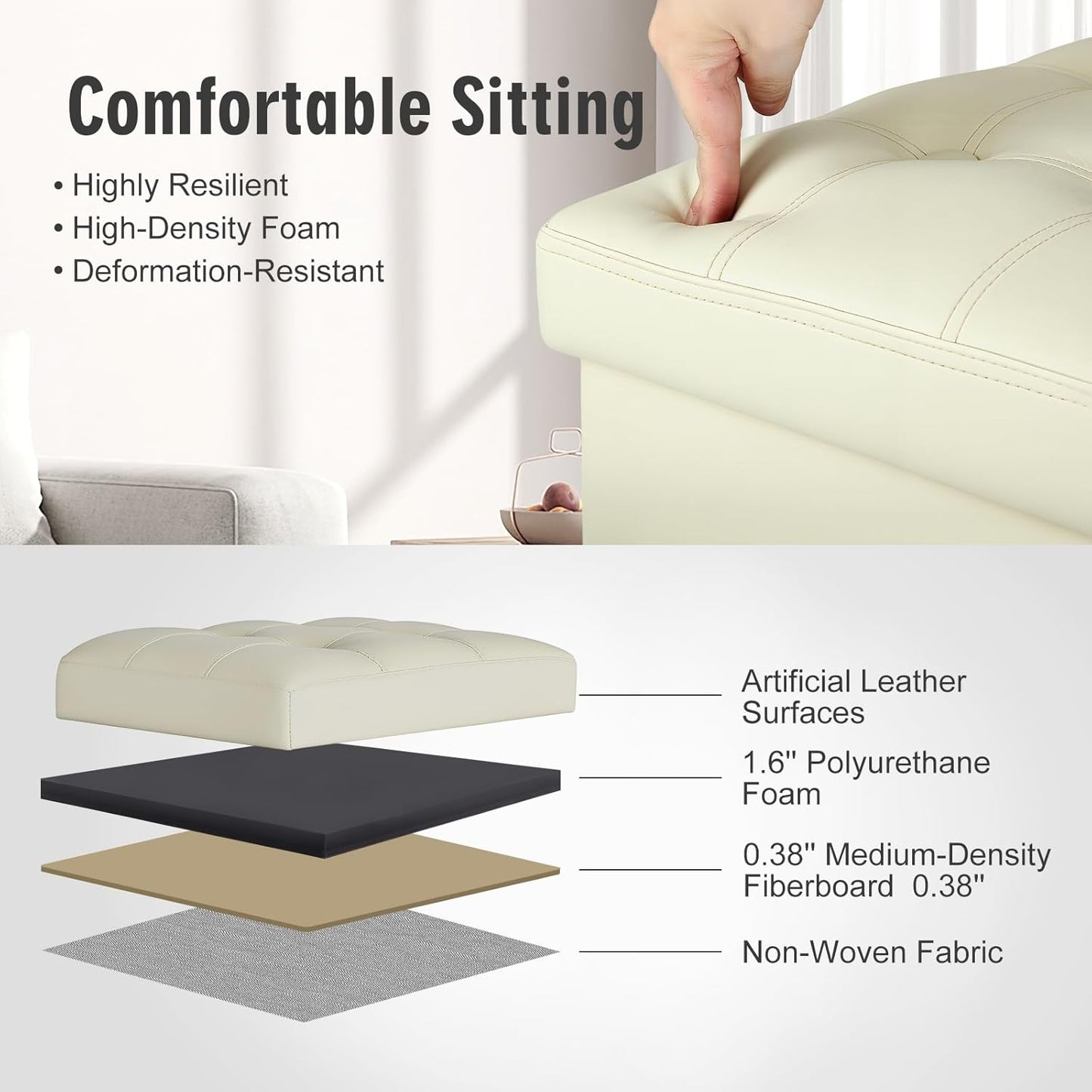 BelugaHelper Storage Ottoman Foot Rest Stool, Foldable Leather Footstool Storage Bench with Thicker Foam Padded Seat. Foot Rest Under Desk for Living Room Bedroom 350 lbs, 17x13x13 in, Brown