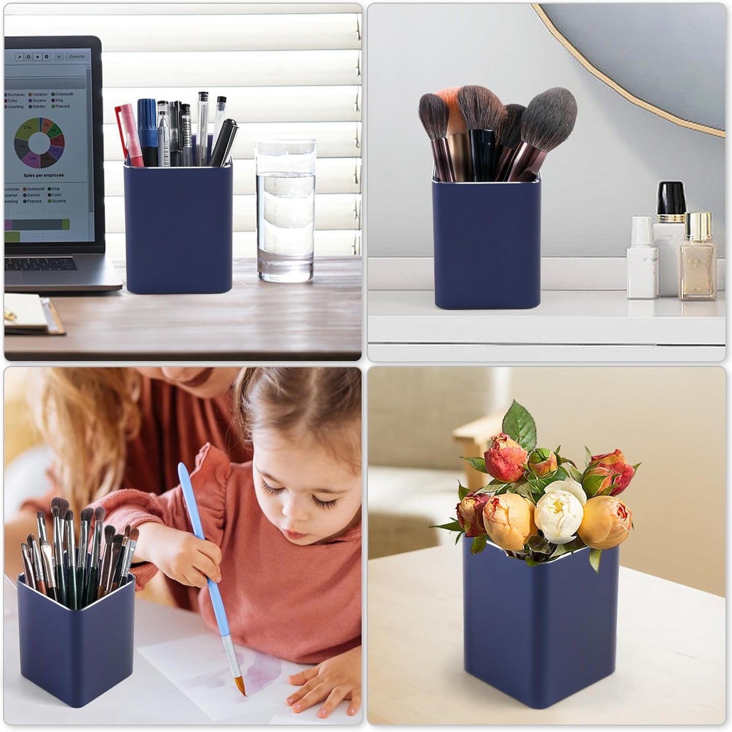 RQB Metal Pen Holder for Desk Square Aluminum Desktop Organizer and Makeup Brush Holder Storage Box for Office, School, Home, and Kids, Non-slip silicone 4×3.15inch-Gray