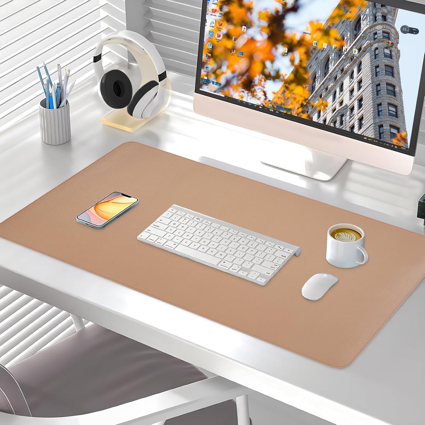 Dual-Sided Desk Pad, Large Mouse Pad - Natural Cork & PU Leather Non-Slip Waterproof Desk Mats for Office and Home (Blue, 31.5" x 15.7")