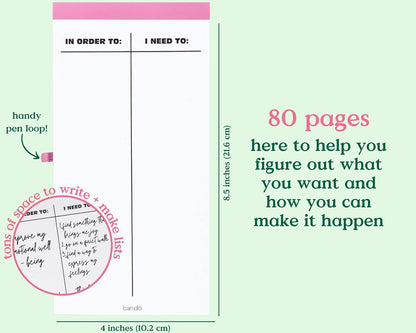 ban.do Good Intentions Goal and Habit Tracker Notepad, List Pad Includes 80 Perforated Sheets, Ink Pen Loop, and Elastic Band Closure, Feel Your Best (Pink)
