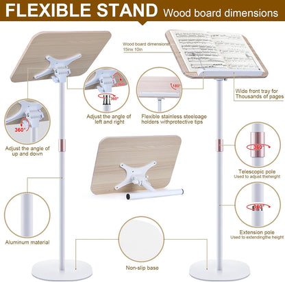 2 in 1 Dual-use Music Stand & Desktop Book Stand, Adjustable Height 16.5"-51", 100% Solid Wood Laptop Floor Stand Book Holder with Page Clips for Cookbooks, Sheet Music (Brown)