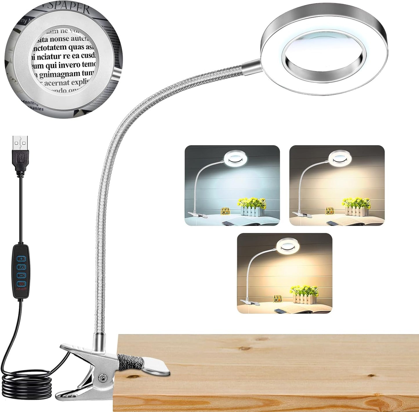 10X Magnifying Glass with Light, Clip on Mganifier with Light, 48 LED Desk Magnifying Glass wtih Clamp, 3 Modes Dimmable Magnifying LED Lamps for Bed Work Crafts DIY Repair