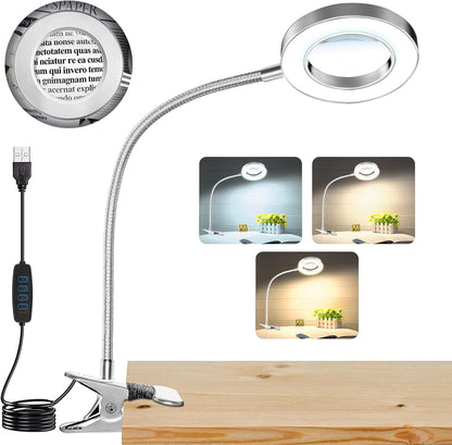 10X Magnifying Glass with Light, Clip on Mganifier with Light, 48 LED Desk Magnifying Glass wtih Clamp, 3 Modes Dimmable Magnifying LED Lamps for Bed Work Crafts DIY Repair