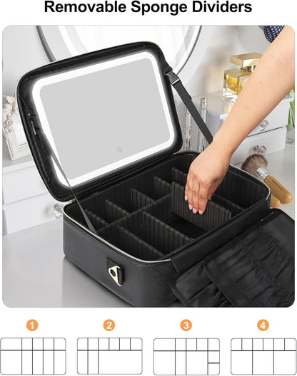 Relavel Travel Makeup Bag With LED Mirror, Cosmetic Train Case with Light up Mirror, Portable Makeup Artist Organizer Bag with Adjustable Dividers, Makeup Brush Holder Storage, Black
