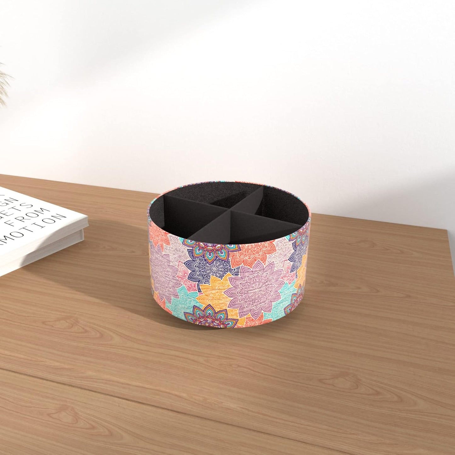 Round Leather Art Supply Organizer,Remote Control Holder,360 Degree Rotating,Multi-Functional Pencil Holder,4 Compartments Desktop Stationary Organizer(1-Fractal Flower) | Round - Colors A