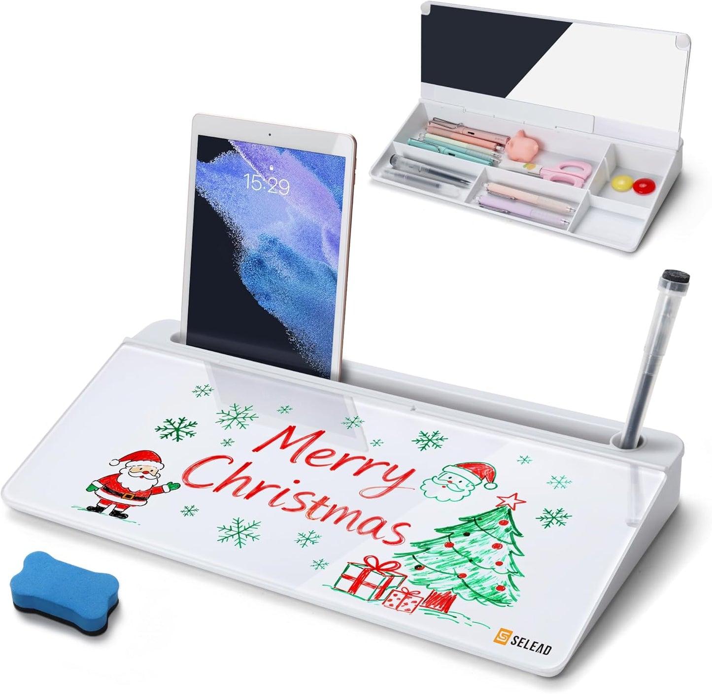 SELEAD Desktop Glass Whiteboard with Wireless Charger Station, Dry Erase Board Computer Pad Keyboard Stand with Organizer for Home, School, Office Desk Accessories, Black