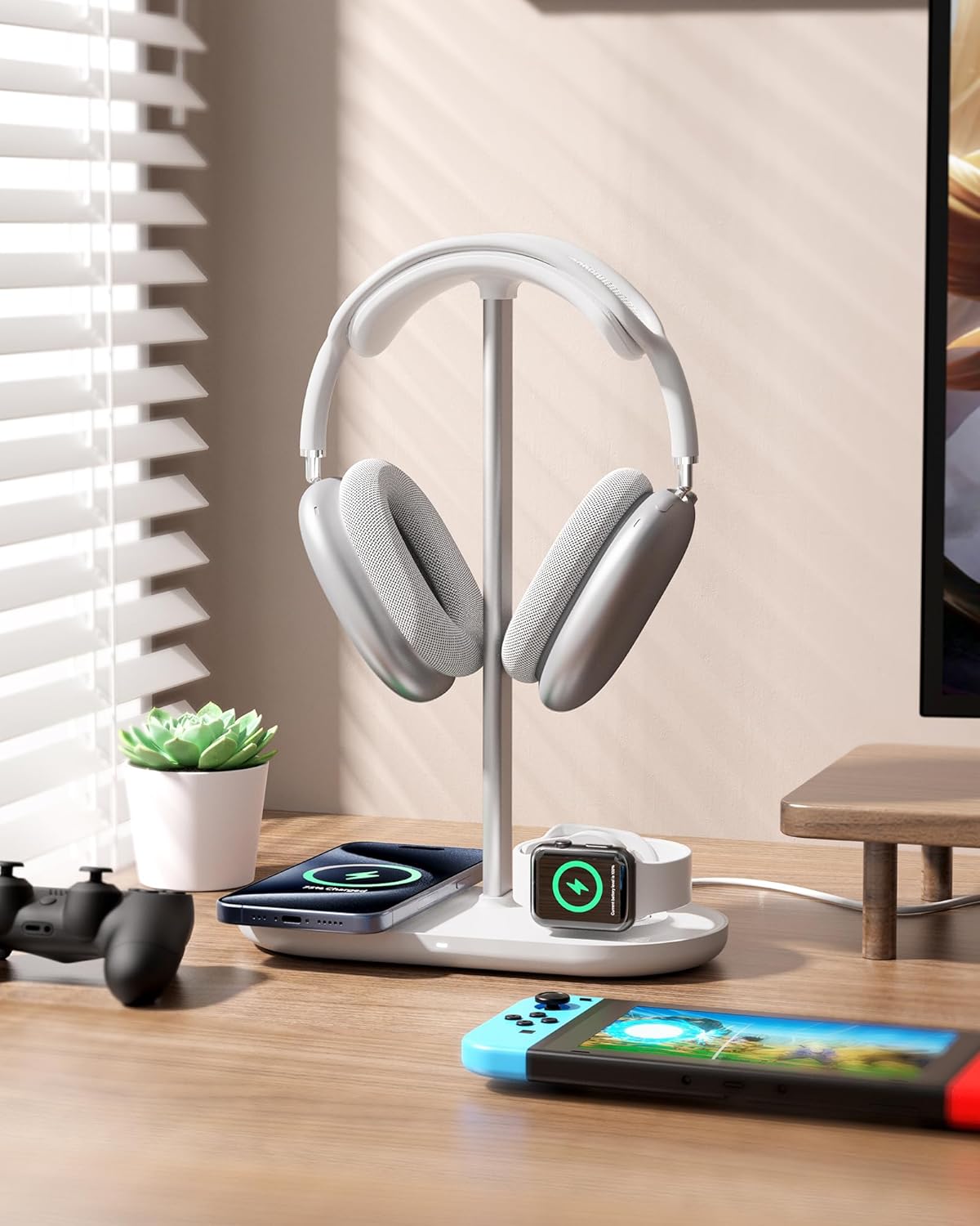 HiWe 4-in-1 RGB Gaming Headphone Stand with Dual Controller Holder, Wireless Charger for iPhone/Apple Watch, USB-A & USB-C Outputs, Adapter Included, Black