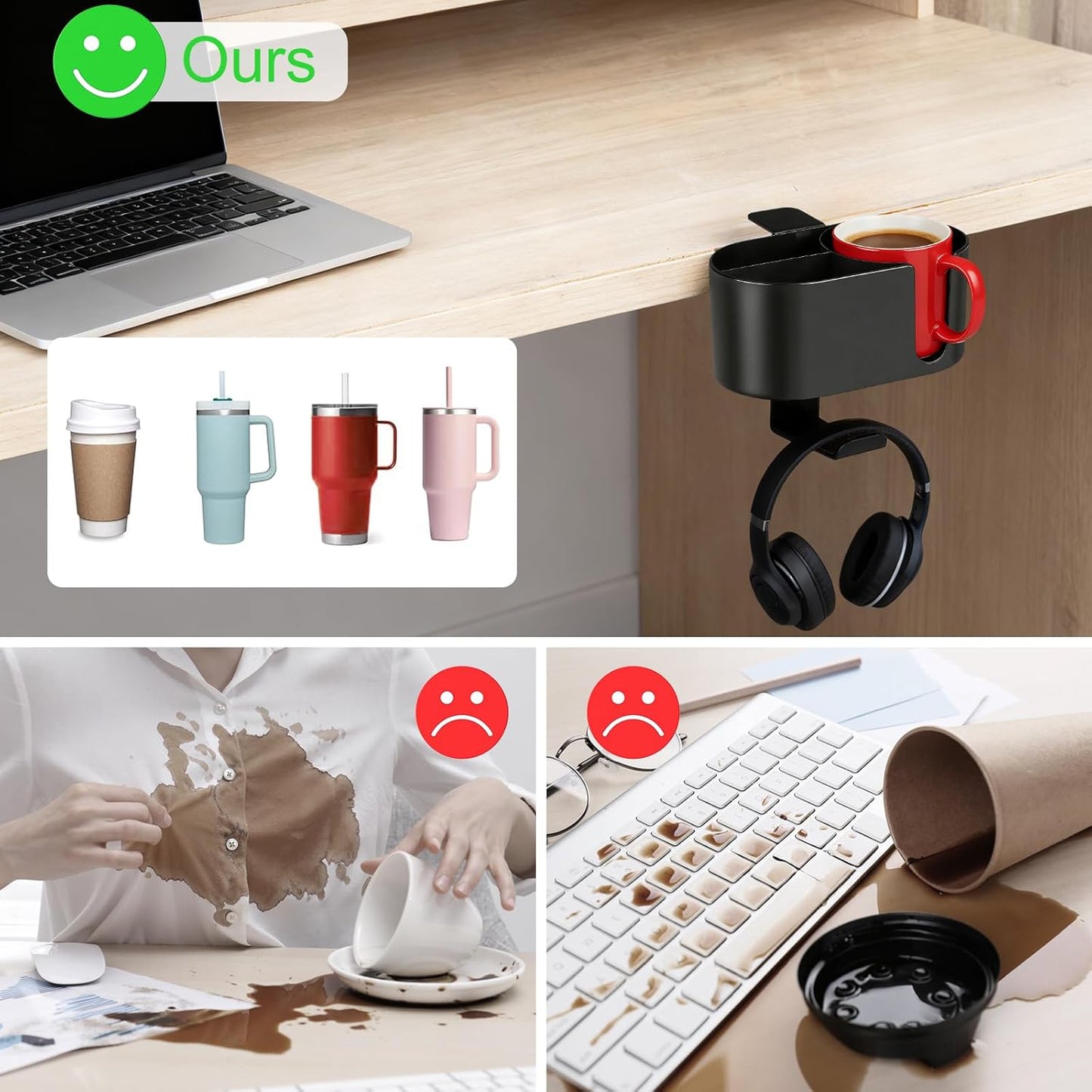 MYITYARD Desk Cup Holder Clamp, Anti-Spill Clip On Table Cup Holder, Rotatable Water Bottle Stand Drink Coffee Mug Storage, Office Accessories for Home and School (Black)