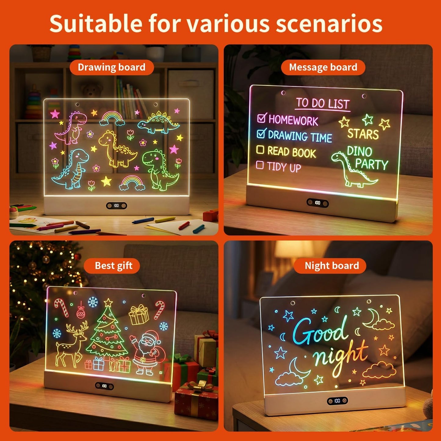 Rechargeable LED Drawing Board for Kids, 16" Light Up Acrylic Dry Erase Led Note Board with Stand, 11 Light Effects Drawing Tablet, Birthday Holiday Toy Gifts for Kids, 12 Markers (White)