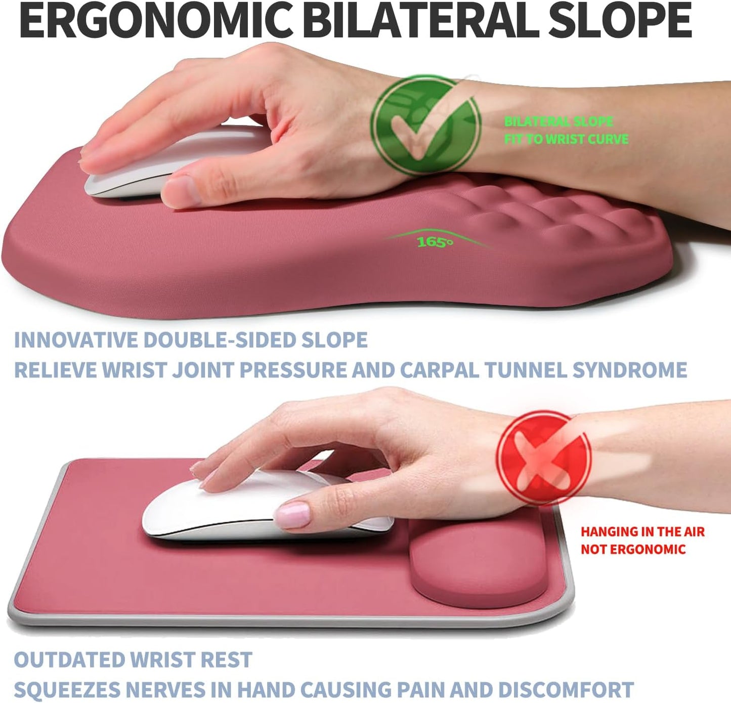 Ergonomic Raised Mouse Pad Wrist Support with Bilateral Slope Memory Foam Mousepad for Wrist Rest and Carpal Tunnel Pain Relief 11.8x7.9〃 Black