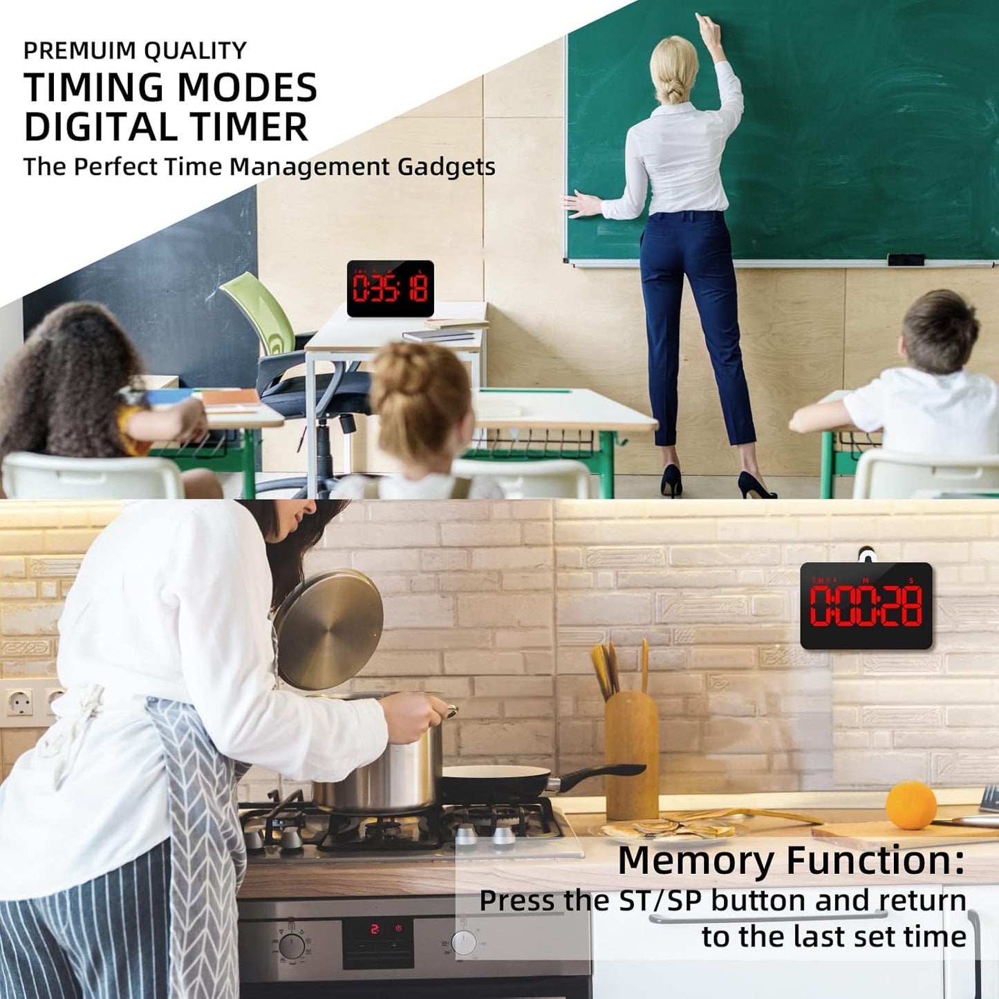 PERSUPER Kitchen Digital Timer, Count Down Up, Rechargeable, Vibration Mode Adjustable Volume and Brightness LED Display, Time Management Cook, Desk, Kids Adults Study Teaching, Kitchen Gadgets RGB