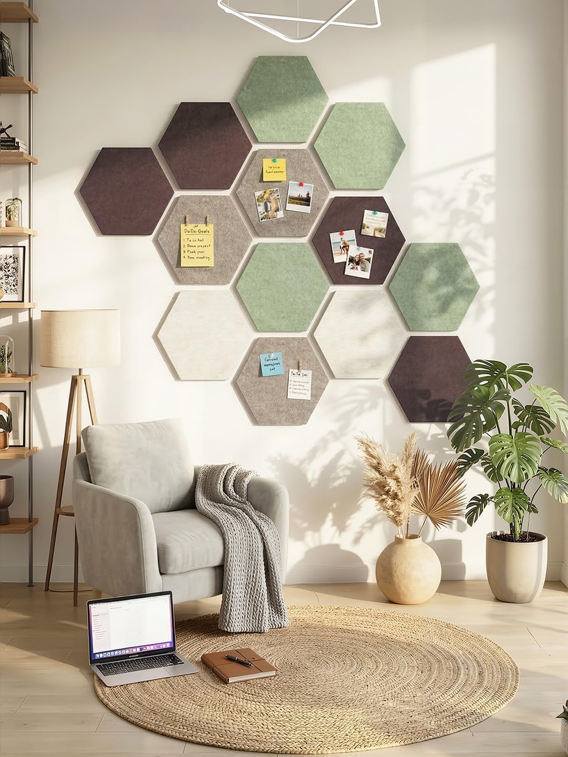 8 Pack Hexagon Felt Bulletin Board Tiles - 12" Large Thick Pin Board for Walls with 30 Push Pins, DIY Boards for Office Home School Decor, Aesthetic Hex Cork Board Alternative