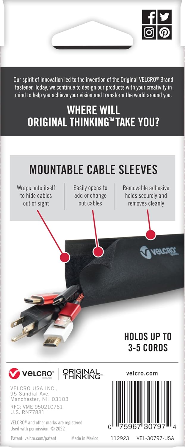 VELCRO Brand Mountable Cable Sleeve | Cord Management Mounts on Walls, Desk or Entertainment Center | Removable Adhesive is Damage Free | 8in Black, 2pk, 8in - 2Pk