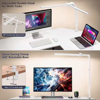 KableRika Desk Lamp Double Light: Bright Led Desk Lights for Home Office - Eye Care Reading Table Lamps with Base - Dimmable Desktop Lighting for Computer Monitor Study Drafting