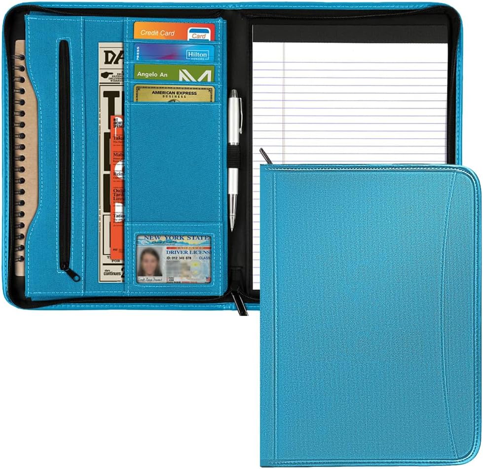 Zippered Portfolio Organizer/ A4 Refillable Lined Writing Notepad Folder Case/Fabric-Covered Padfolio Binder with Interior Storage Pocket for Men Women.Classic Black