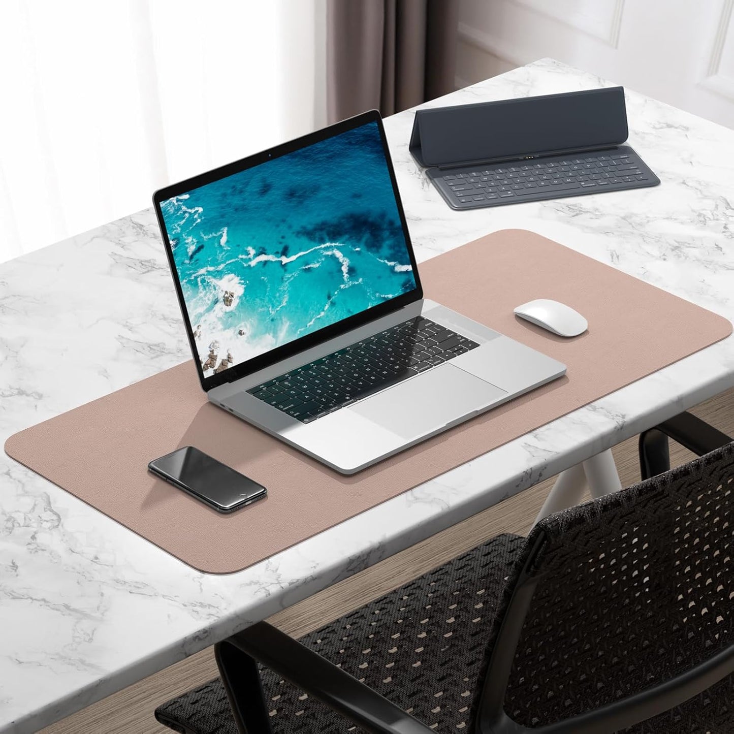 Hsurbtra Desk Pad, 23.6" x 13.8" PU Leather Desk Mat, M Extended Mouse Pad, Waterproof Desktop Blotter Protector, Non-Slip Ultra Thin Small Laptop Keyboard Writing Mat for Office Home, Pink