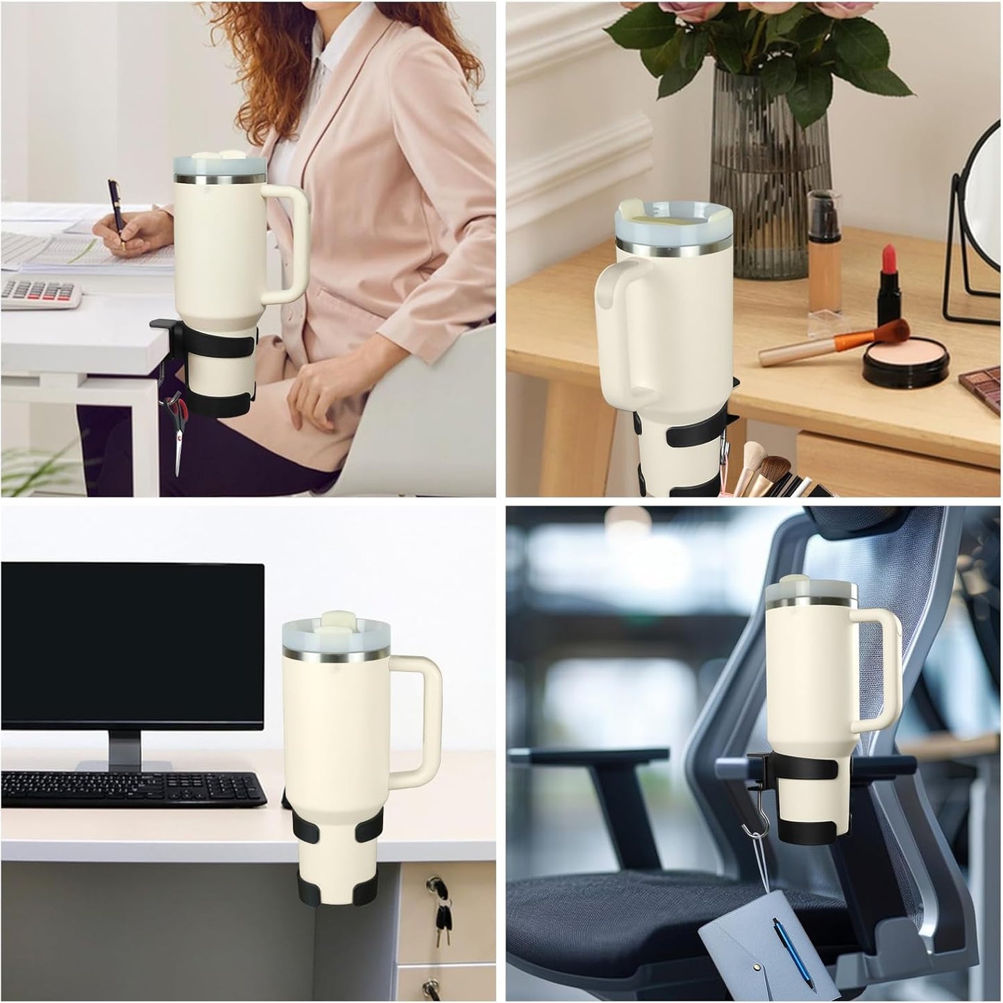 Desk Cup Holder, 2-in-1 Cup Holder for Desk Compatible with Stanley,Sinple Midern, Hydroflask, Owala, Adjustable Anti-Spill Tumbler Organizer with Hook for Home Office and School